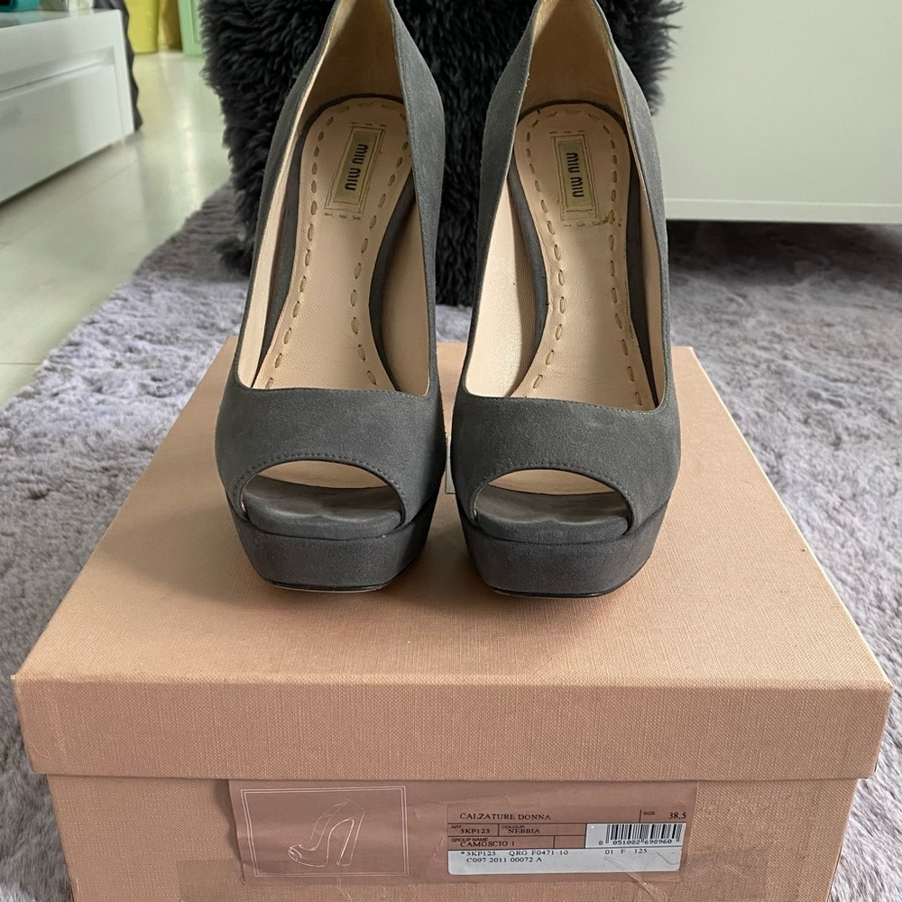 Miu Miu Prada suede pump grey blue open toe US 7